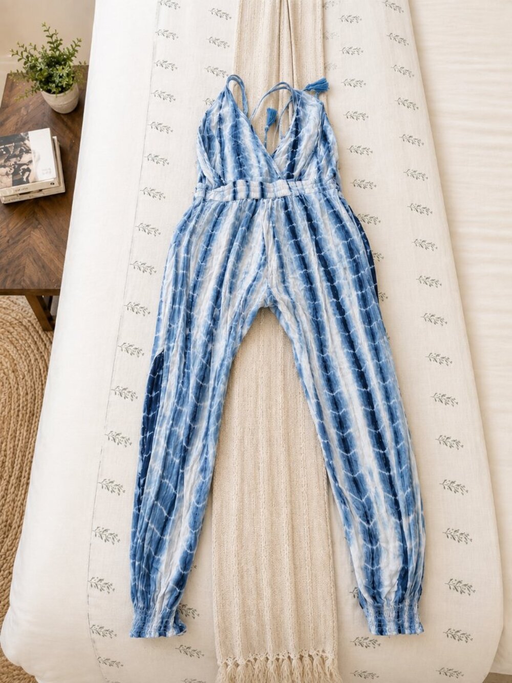 Olivaceous Tie Dye Halter Jumpsuit Boho Harem Blue White S